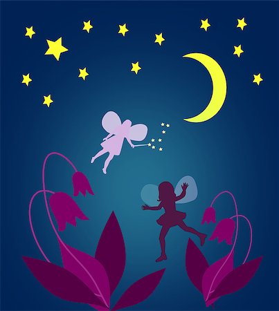 flowers in moonlight - Two fairies among flowers under a starry sky. Stock Photo - Budget Royalty-Free & Subscription, Code: 400-08502080