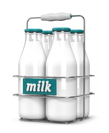 simsearch:400-04499805,k - Four glass bottles of milk with light blue caps in a metal carrying case with holder and word milk written on the front isolated on white background Photographie de stock - Aubaine LD & Abonnement, Code: 400-08502510