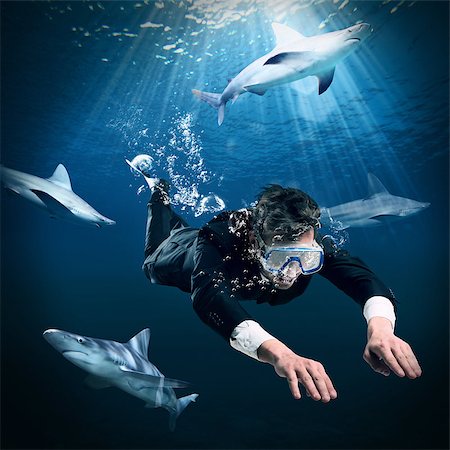 simsearch:400-08530017,k - Brave businessman with fins swims among sharks Stockbilder - Microstock & Abonnement, Bildnummer: 400-08502728