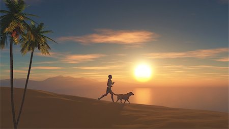 3D render of a female jogging on a beach at sunset with her dog Stock Photo - Budget Royalty-Free & Subscription, Code: 400-08502774