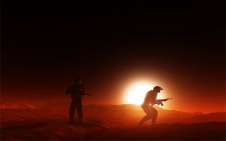 simsearch:400-06735733,k - 3D render of soldiers in active combat in the desert at sunset Foto de stock - Royalty-Free Super Valor e Assinatura, Número: 400-08502777