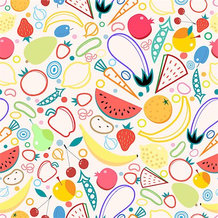 simsearch:400-06524884,k - Bright colored seamless pattern fruits and vegetables. Vector illustration of a template for the design Foto de stock - Super Valor sin royalties y Suscripción, Código: 400-08502890