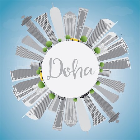 Doha skyline with grey skyscrapers and blue sky. Vector illustration. Business and tourism concept with copy space. Image for presentation, banner, placard or web site Stock Photo - Budget Royalty-Free & Subscription, Code: 400-08502912