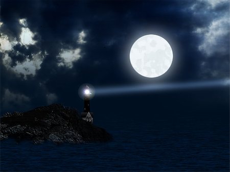 simsearch:400-04743379,k - Big full moon and lighthouse in the sea. Foto de stock - Royalty-Free Super Valor e Assinatura, Número: 400-08502937