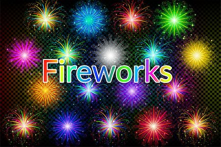 simsearch:400-08553045,k - Set of Various Bright Colorful Celebratory Fireworks, Color Elements for Holiday Web Design on Dark Background with Grid. Eps10, Contains Transparencies. Vector Foto de stock - Super Valor sin royalties y Suscripción, Código: 400-08503835