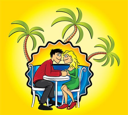 Romantic couple in love and holiday beach background with palms vector illustration Stock Photo - Budget Royalty-Free & Subscription, Code: 400-08503911