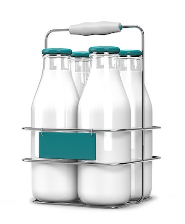 simsearch:400-04499805,k - Four glass bottles of milk with light blue caps in a metal carrying case with holder and a display on front isolated on white background Photographie de stock - Aubaine LD & Abonnement, Code: 400-08503952