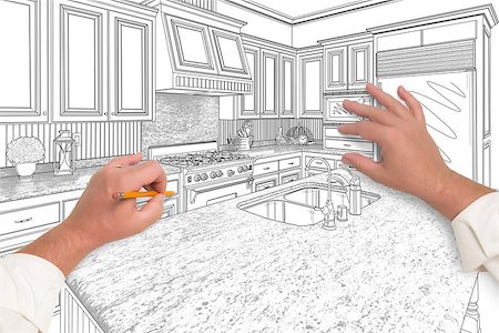 simsearch:400-08498867,k - Male Hands Sketching with Pencil the Outline of a Beautiful Custom Kitchen. Foto de stock - Super Valor sin royalties y Suscripción, Código: 400-08503988