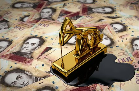 simsearch:400-08528272,k - Golden Pumpjack And Spilled Oil On Venezuelan Bolivars. 3D Scene. Stock Photo - Budget Royalty-Free & Subscription, Code: 400-08528194