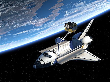 simsearch:400-09008608,k - Space Shuttle Deploying Satellite In Space. 3D Scene. Foto de stock - Super Valor sin royalties y Suscripción, Código: 400-08528220