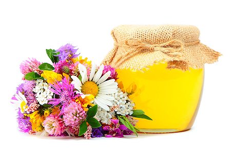 flowers in jam jar - May honey in jar with miscellaneous flowers isolated on white background Stock Photo - Budget Royalty-Free & Subscription, Code: 400-08528451