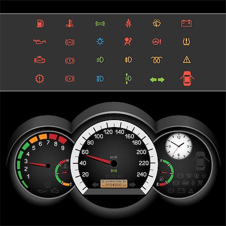 simsearch:400-08340626,k - Car control panel night interface on black background. Car dashboard icons set. Collection car panel symbol. Speedometer and rev counter shows the speed Stock Photo - Budget Royalty-Free & Subscription, Code: 400-08528546