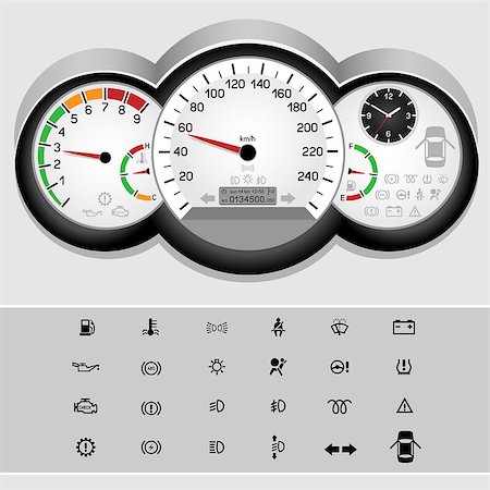 simsearch:400-08340626,k - Car control panel interface on light background. Car dashboard icons set. Collection car panel symbol. Speedometer and rev counter shows the speed Stock Photo - Budget Royalty-Free & Subscription, Code: 400-08528547