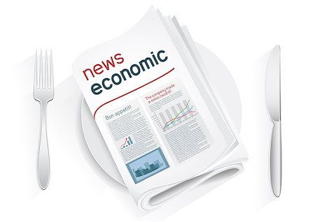 Economic newspaper on a plate on a white background. News of the politics government economic business. Fork and knife to eat news. News kitchen. Cooking breaking news. Foto de stock - Super Valor sin royalties y Suscripción, Código: 400-08528564