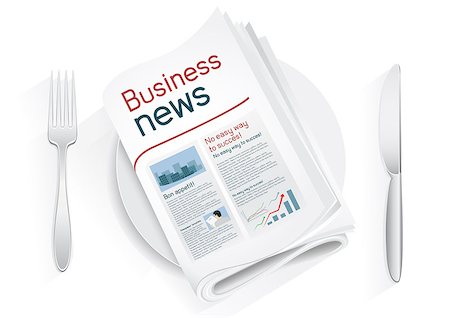 Business newspaper on a plate on a white background. News of the politics government economic business sport entertainment. Fork and knife to eat news. News kitchen. Cooking breaking news Foto de stock - Super Valor sin royalties y Suscripción, Código: 400-08528562