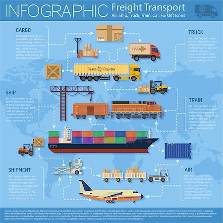 simsearch:400-09154573,k - Freight Transport and Packaging Infographics in Flat style icons such as Truck, Plane, Train, Ship. Vector for Brochure, Web Site and Printing Advertising on theme delivery of goods. Foto de stock - Super Valor sin royalties y Suscripción, Código: 400-08528614