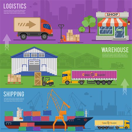 simsearch:400-07666842,k - Delivery and Logistics Banners with Cargo Ship, Truck, Warehouse, Shop, Forklift and Car in Flat style. Vector for Brochure, Web Site and Printing Advertising on theme delivery of goods. Foto de stock - Super Valor sin royalties y Suscripción, Código: 400-08528612