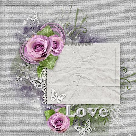 Vintage background with purple  roses, lace, ribbon, butterfly, paper card Stockbilder - Microstock & Abonnement, Bildnummer: 400-08528674