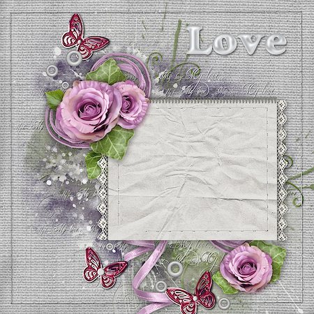 simsearch:400-06557550,k - Vintage background with purple  roses, lace, ribbon, butterfly, paper card Stock Photo - Budget Royalty-Free & Subscription, Code: 400-08528679