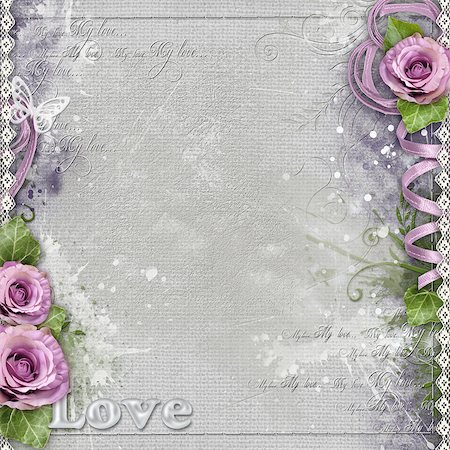 simsearch:400-06557550,k - Vintage background with purple roses, lace, ribbon Stock Photo - Budget Royalty-Free & Subscription, Code: 400-08528680
