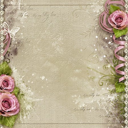 Vintage background with purple roses, lace, ribbon Fotografie stock - Microstock e Abbonamento, Codice: 400-08528681