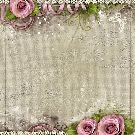 simsearch:400-06557550,k - Vintage background with purple roses, lace, ribbon, butterfly, text love Stock Photo - Budget Royalty-Free & Subscription, Code: 400-08528682