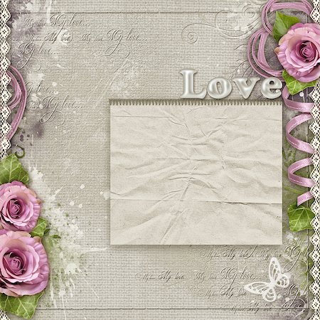 Vintage background with purple roses, lace, ribbon Stock Photo - Budget Royalty-Free & Subscription, Code: 400-08528683