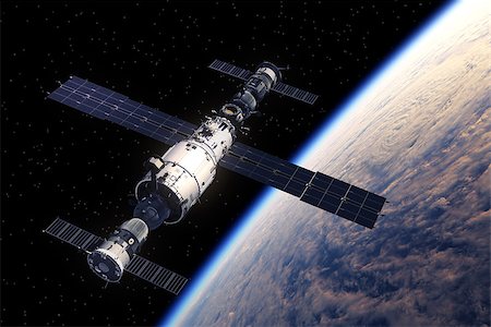 simsearch:400-08221425,k - Space Station And Spaceships Orbiting Earth. 3D Scene. Stockbilder - Microstock & Abonnement, Bildnummer: 400-08528952
