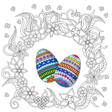 simsearch:400-08647106,k - Hand drawn   decorated egg with doodle flowers. Card for easter day. Zentangle style. Henna Paisley flowers Mehndi. Image for adult and children coloring page. Vector illustration - eps 10. Foto de stock - Super Valor sin royalties y Suscripción, Código: 400-08529044