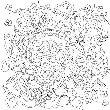 simsearch:400-08647106,k - Hand drawn decorated image with doodle flowers and mandalas. Zentangle style. Henna Paisley flowers Mehndi. Image for adults coloring page. Vector illustration - eps 10. Foto de stock - Super Valor sin royalties y Suscripción, Código: 400-08529050