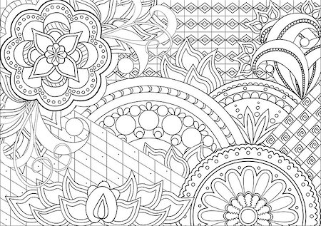 simsearch:400-08647106,k - Hand drawn decorated image with doodle flowers and mandalas. Zentangle style. Henna Paisley flowers Mehndi. Image for adults coloring page. Vector illustration - eps 10. Foto de stock - Super Valor sin royalties y Suscripción, Código: 400-08529067