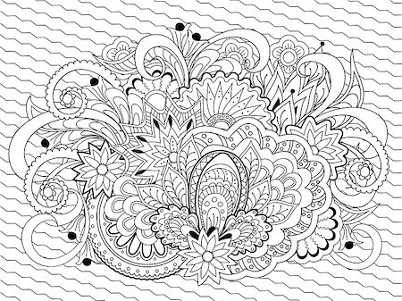 simsearch:400-08647106,k - Hand drawn decorated image with flowers and mandalas. Zen tangle style. Henna Paisley flowers Mehndi. Image for adults coloring page. Vector illustration - eps 10. Foto de stock - Super Valor sin royalties y Suscripción, Código: 400-08529070