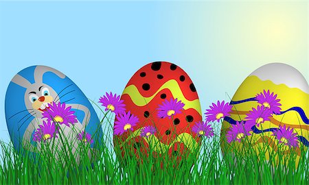 Easter eggs on springtime meadow with blue sky. Vector illustration. Fotografie stock - Microstock e Abbonamento, Codice: 400-08529115