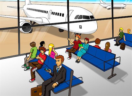 simsearch:400-05102753,k - Cartoon illustration of people waiting at airport lounge Stock Photo - Budget Royalty-Free & Subscription, Code: 400-08529304