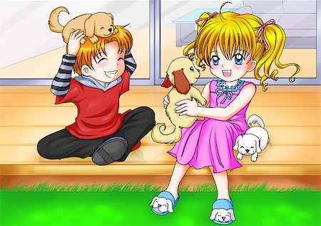 simsearch:400-08412999,k - Cartoon illustration of a boy and a girl playing with three little puppies Foto de stock - Super Valor sin royalties y Suscripción, Código: 400-08529305