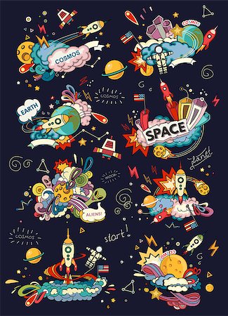 simsearch:400-08551175,k - Cartoon vector illustration of space. Moon, planet, rocket, earth, cosmonaut, comet, universe. Classification, milky way. Hand drawn. Abstract Foto de stock - Super Valor sin royalties y Suscripción, Código: 400-08529371