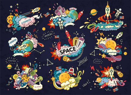 simsearch:400-08551175,k - Cartoon vector illustration of space. Moon, planet, rocket, earth, cosmonaut, comet, universe. Classification, milky way. Hand drawn. Abstract Foto de stock - Super Valor sin royalties y Suscripción, Código: 400-08529372