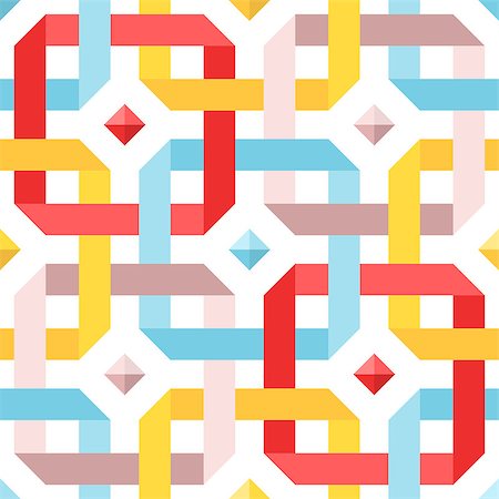 Chic seamless pattern with flat ribbons and diamonds. Geometric background with interwoven pastel colored strips. Vector illustration. Blue, pink and yellow crossed tape. Colorful modern background Stock Photo - Budget Royalty-Free & Subscription, Code: 400-08530364