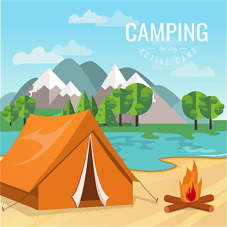 simsearch:400-07310113,k - Vector flat illustration camping. Nature background with grass, forest, mountains and hills. Outdoor activities. Tent and fire camp Foto de stock - Super Valor sin royalties y Suscripción, Código: 400-08530464