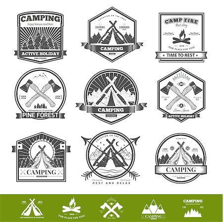 Retro vector vintage camp label and logo graphics. Camping outdoor, adventure and explorer. Simple and nice design. Travel and Exploration the world. Camping  icons Foto de stock - Royalty-Free Super Valor e Assinatura, Número: 400-08530461