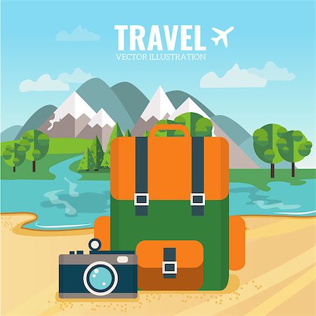 simsearch:400-08074589,k - Vector flat illustration with backpack and camera. Nature background with river, forest, mountains and hills. Outdoor activities. Camping Stockbilder - Microstock & Abonnement, Bildnummer: 400-08530463