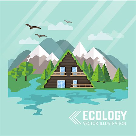 eco friendly home - Wooden house in the mountains in nature. Fresh air and rest near the river. Ecology. Landscape. Flat design vector illustration Photographie de stock - Aubaine LD & Abonnement, Code: 400-08530474