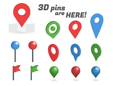 Navigation pins 3d isometric collection. Realistic pins and positioning flags isolated on white background Stock Photo - Budget Royalty-Free & Subscription, Code: 400-08530586