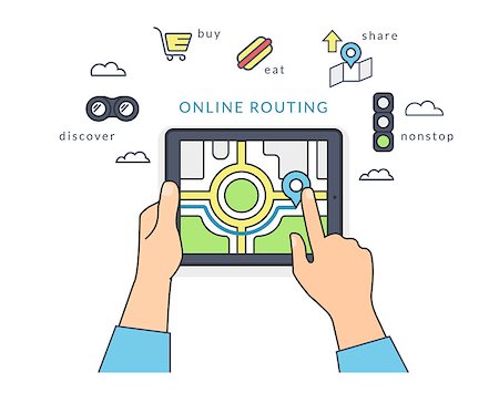 Human hand holds a tablet pc and finds a guide on the screen. Flat line contour illustration of online routing using mobile app to find place for eating, shopping and no traffic Photographie de stock - Aubaine LD & Abonnement, Code: 400-08530597