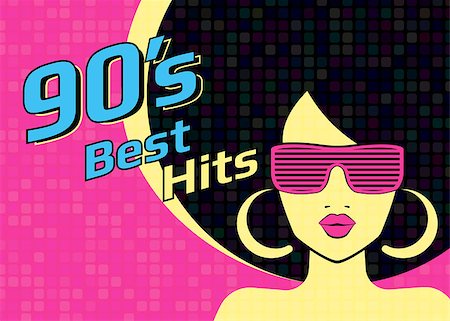 simsearch:400-05904692,k - Best hits of 90s illistration with disco woman wearing glasses on pink background. Bright illustration for retro party flyer or poster Stock Photo - Budget Royalty-Free & Subscription, Code: 400-08530590