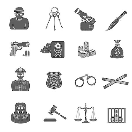 simsearch:400-04955113,k - Set Crime and Punishment Icons for Flyer, Poster, Web Site like Thief, Money, Gun, Policeman, judge, handcuffs and prison. Foto de stock - Royalty-Free Super Valor e Assinatura, Número: 400-08530666