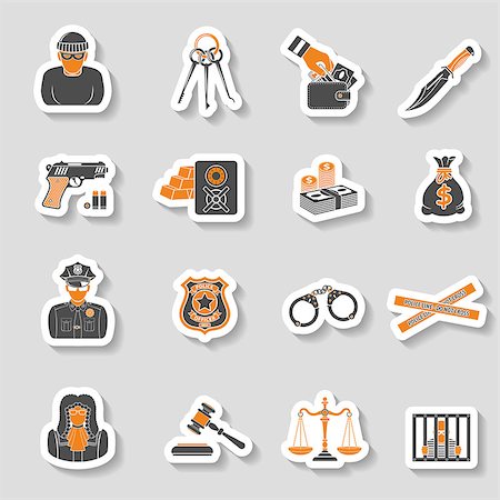 simsearch:400-04955113,k - Set Crime and Punishment Icons Sticker Set for Flyer, Poster, Web Site like Thief, Money, Gun, Policeman, judge, handcuffs and prison. Foto de stock - Royalty-Free Super Valor e Assinatura, Número: 400-08530667