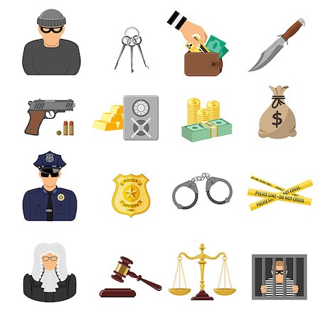 simsearch:400-04955113,k - Set Crime and Punishment Flat Icons for Flyer, Poster, Web Site like Thief, Money, Gun, Policeman, judge, handcuffs and prison. Stock Photo - Budget Royalty-Free & Subscription, Code: 400-08530661