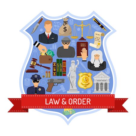 simsearch:400-04955113,k - Law and Order Concept with Ribbon, Shield and Flat Icons for Poster, Web Site, Advertising like Thief, Policeman, Lawyer, Judge. Foto de stock - Royalty-Free Super Valor e Assinatura, Número: 400-08530765