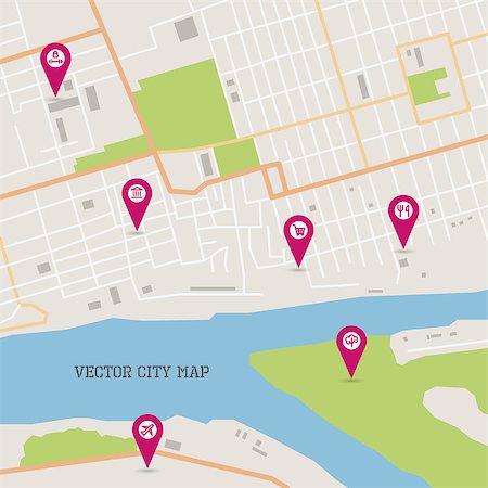 Vector flat abstract city map with pin pointers and infrastructure icons Stock Photo - Budget Royalty-Free & Subscription, Code: 400-08530788